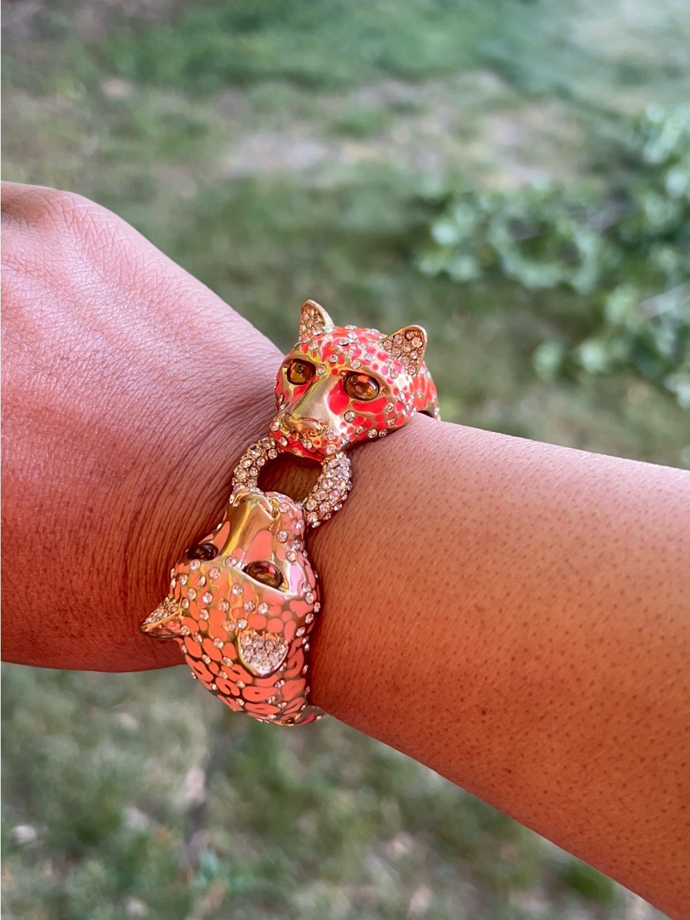 J Crew Pink Leopard Pave Crystal Enamel and Gold Leopard Head Hinged Cuff Bracel - Picture 3 of 6